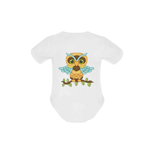 Little boy owl sitting on a branch with wings spread wide and blue wings and big green eyes Baby Powder Organic Short Sleeve One Piece (Model T28)