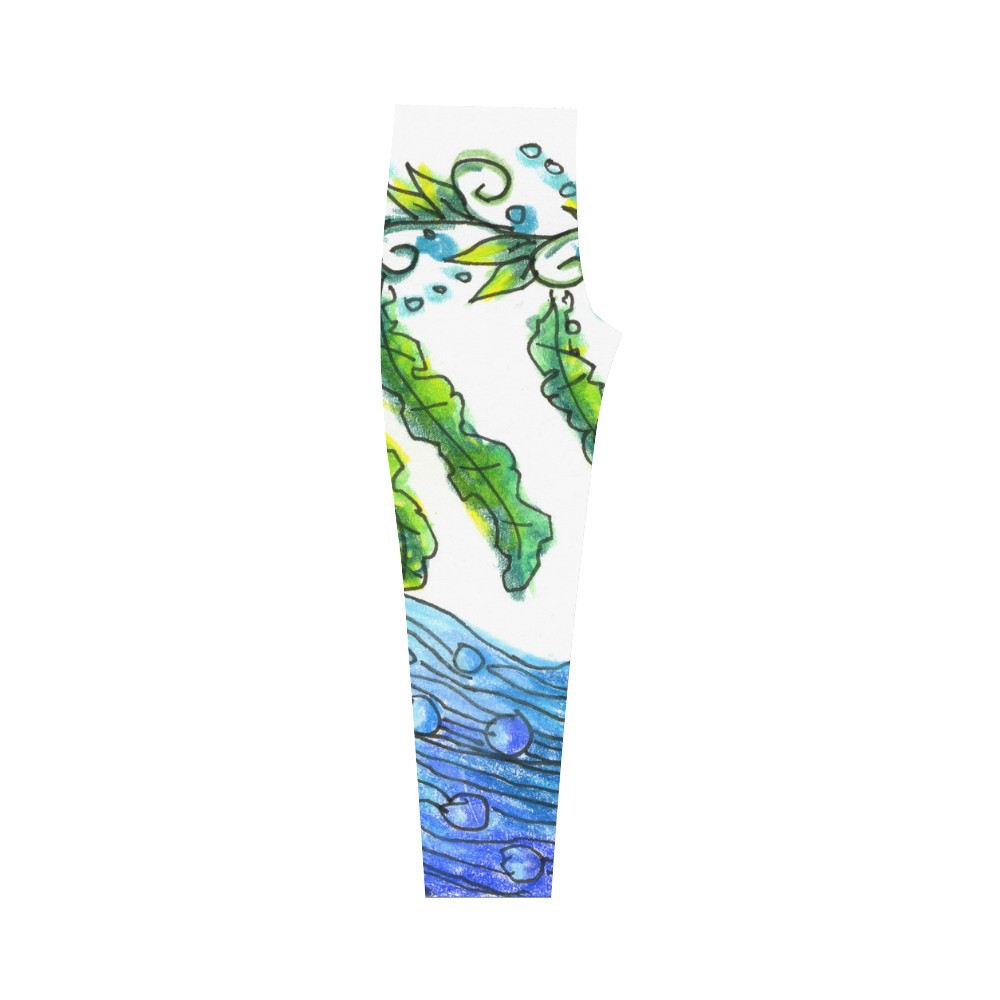 Abstract Blue Green Flowers Vines River Zendoodle Capri Legging (Model L02)