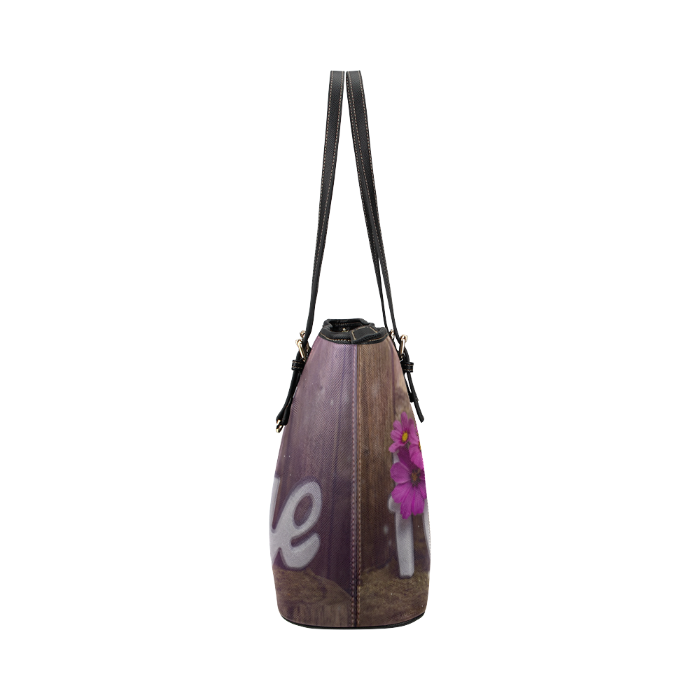 Home sweet Home with purple flowers and sparkle Leather Tote Bag/Small (Model 1651)