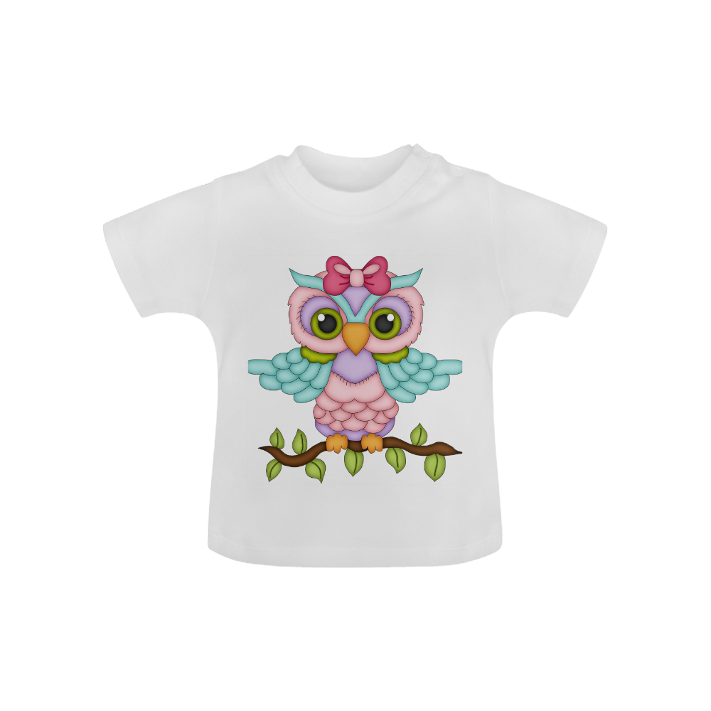 Little girl owl sitting on a branch with wings spread wide and blue wings with pink bow Baby Classic T-Shirt (Model T30)