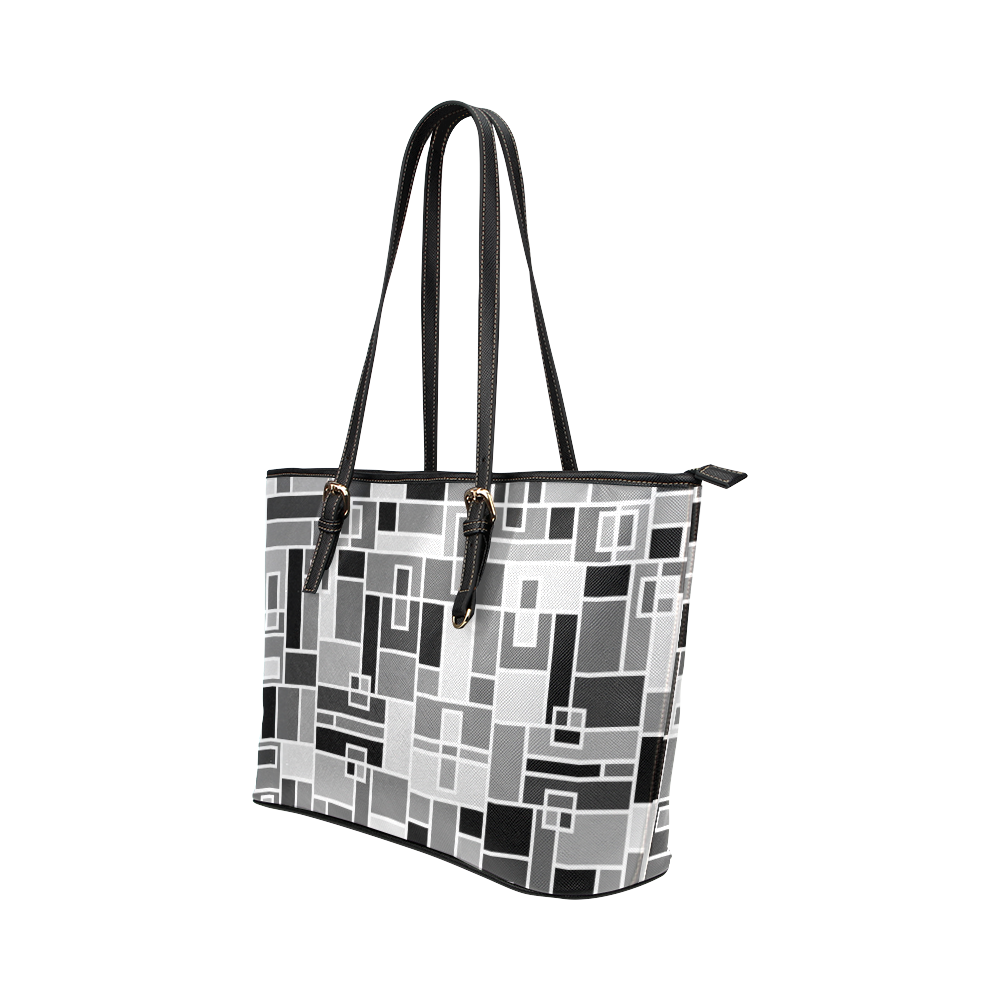 Monochrome Geometric Blocks by ArtformDesigns Leather Tote Bag/Large (Model 1651)