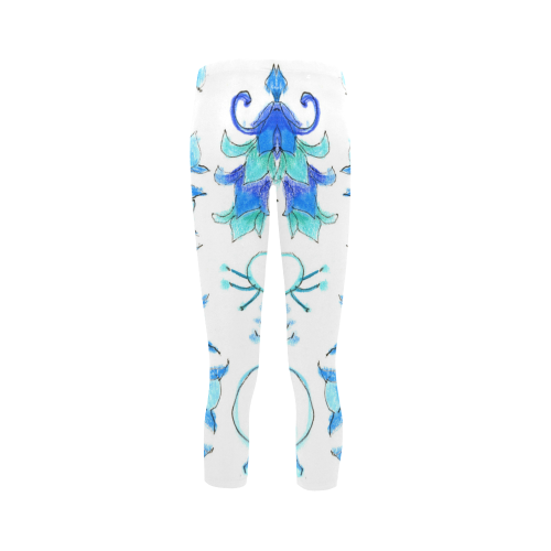 Dancing Aqua Blue Vines, Flowers Zendoodle Garden Capri Legging (Model L02)