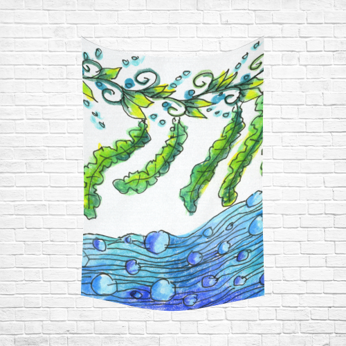 Abstract Blue Green Flowers Vines River Zendoodle Cotton Linen Wall Tapestry 60"x 90"