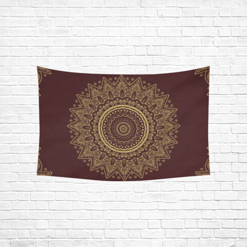 Mandala in Gold and Royal Red Cotton Linen Wall Tapestry 60"x 40"