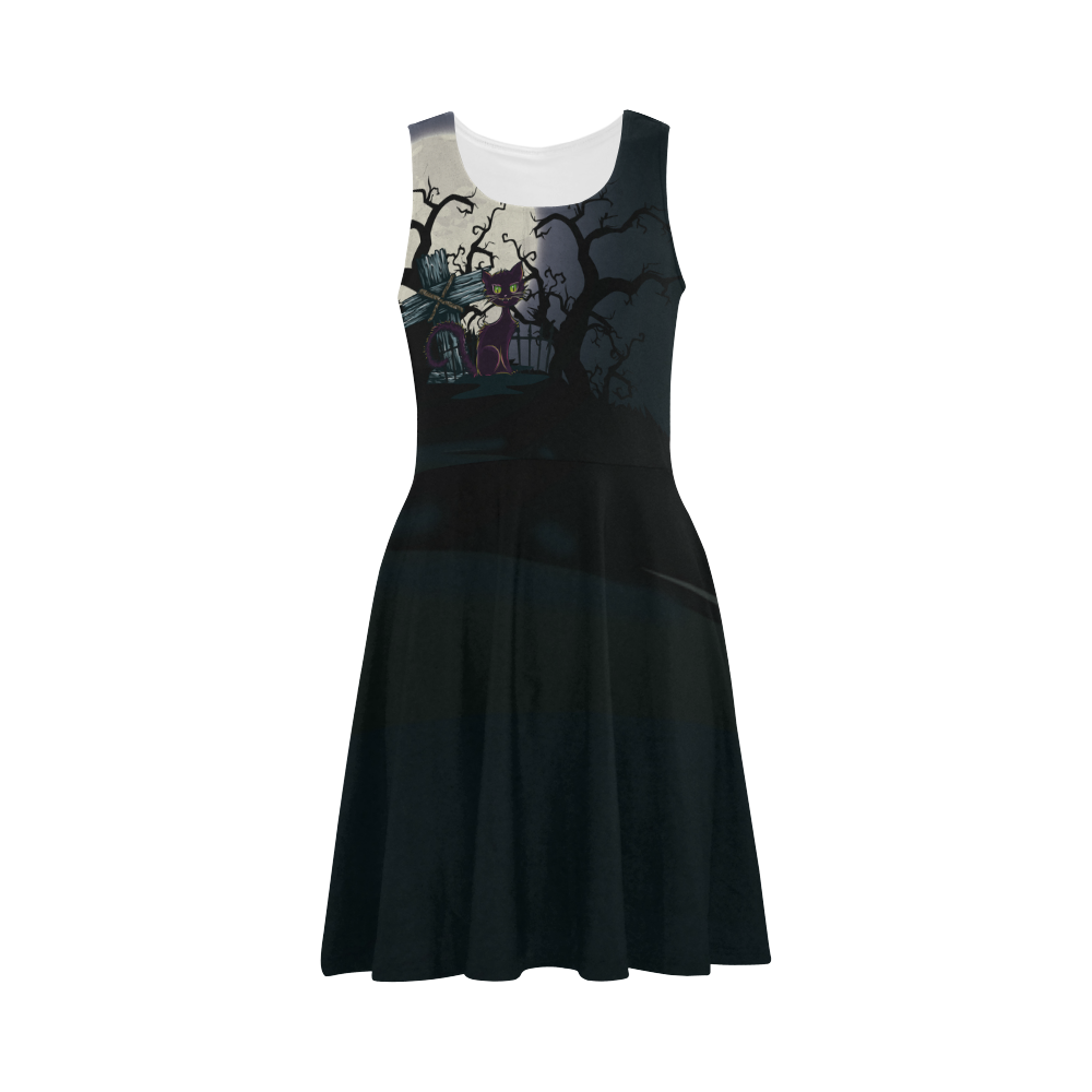 Vintage Halloween Cemetery Cat Atalanta Sundress (Model D04)