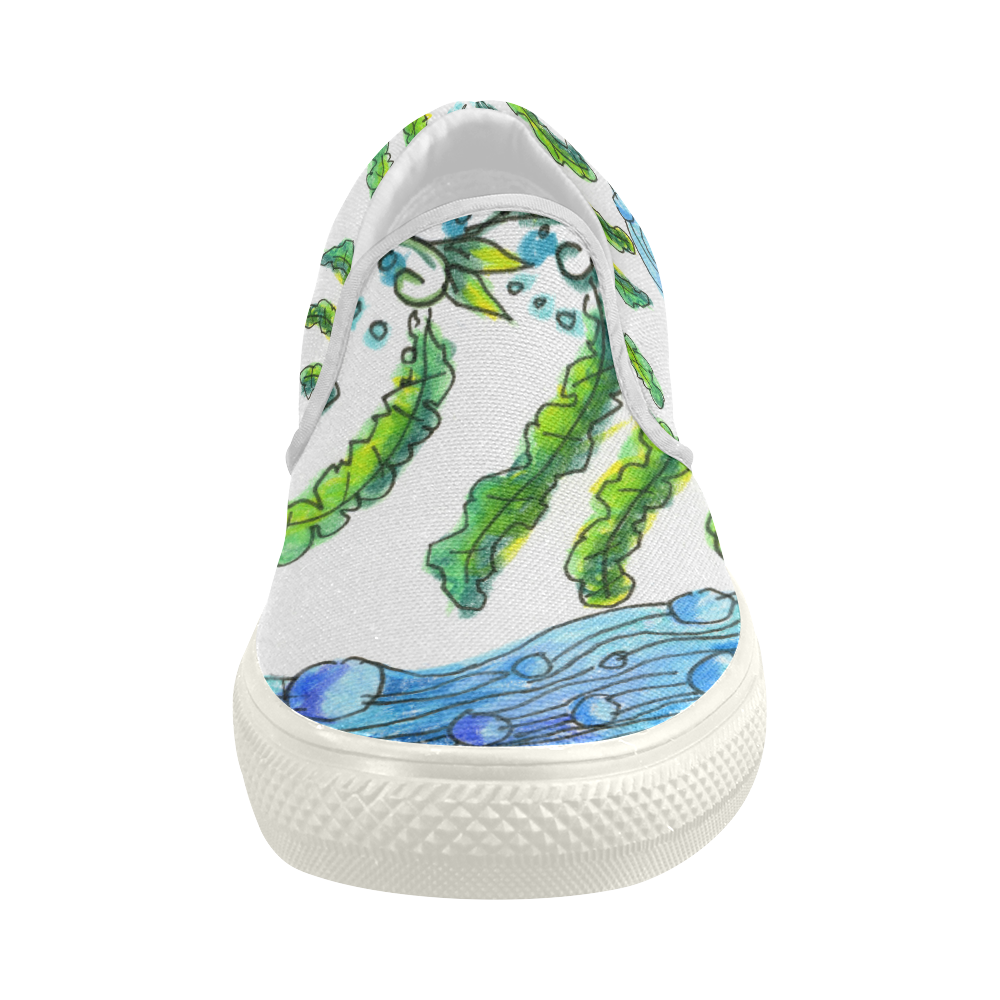 Abstract Blue Green Flowers Vines River Zendoodle Women's Slip-on Canvas Shoes (Model 019)