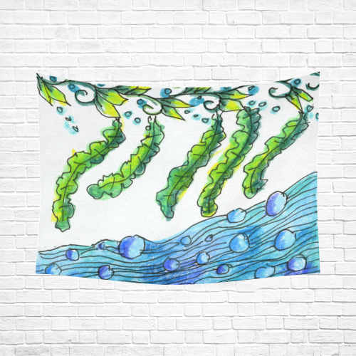 Abstract Blue Green Flowers Vines River Zendoodle Cotton Linen Wall Tapestry 80"x 60"