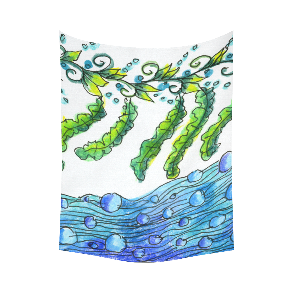 Abstract Blue Green Flowers Vines River Zendoodle Cotton Linen Wall Tapestry 60"x 80"