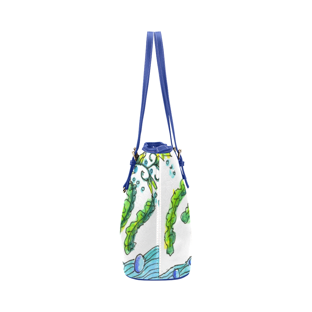 Abstract Blue Green Flowers Vines River Zendoodle Leather Tote Bag/Large (Model 1651)
