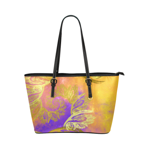 Elegant Gold Floral Swirl Fractal Leather Tote Bag/Small (Model 1651)