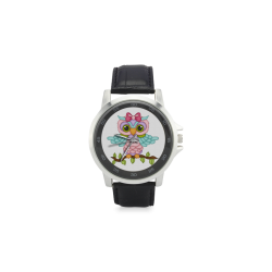 Little girl owl sitting on a branch with wings spread wide and blue wings with pink bow Unisex Stainless Steel Leather Strap Watch(Model 202)