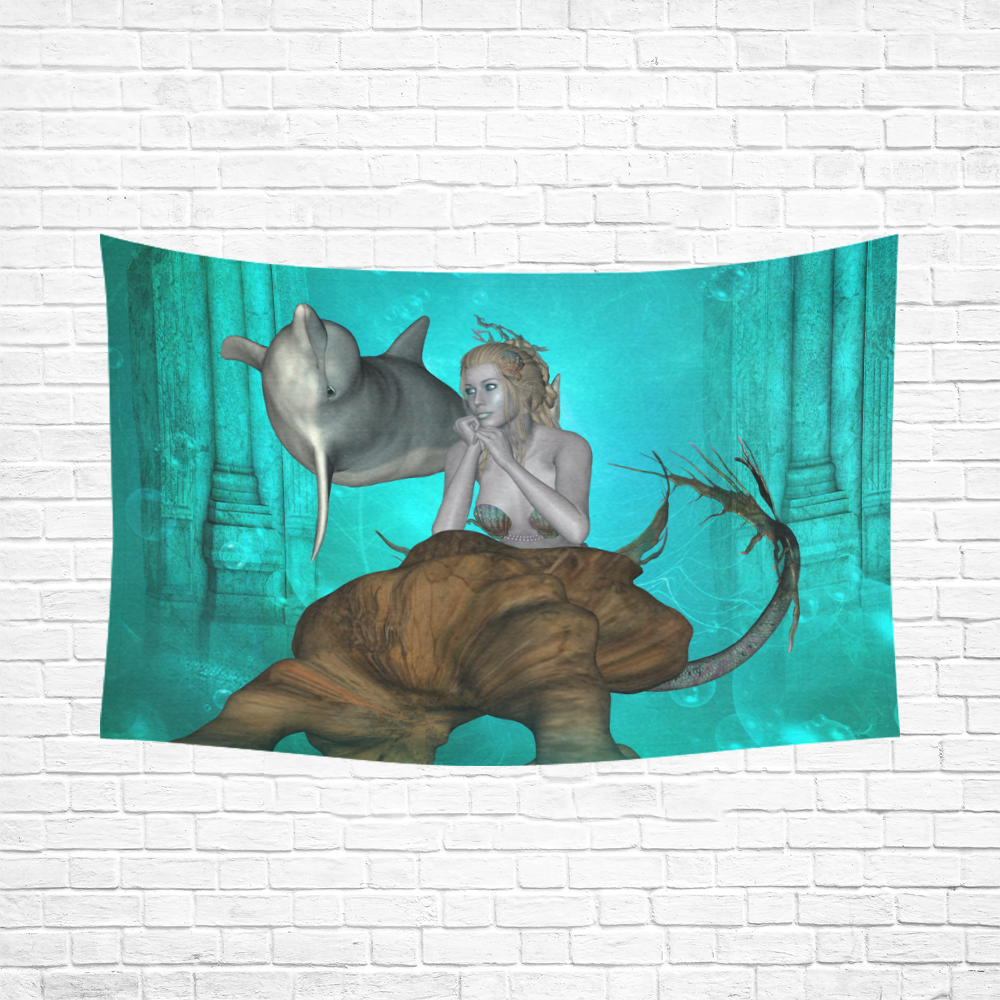 Beautiful mermaid with cute dolphin Cotton Linen Wall Tapestry 90"x 60"