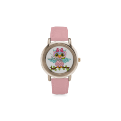 Little girl owl sitting on a branch with wings spread wide and blue wings with pink bow Women's Rose Gold Leather Strap Watch(Model 201)