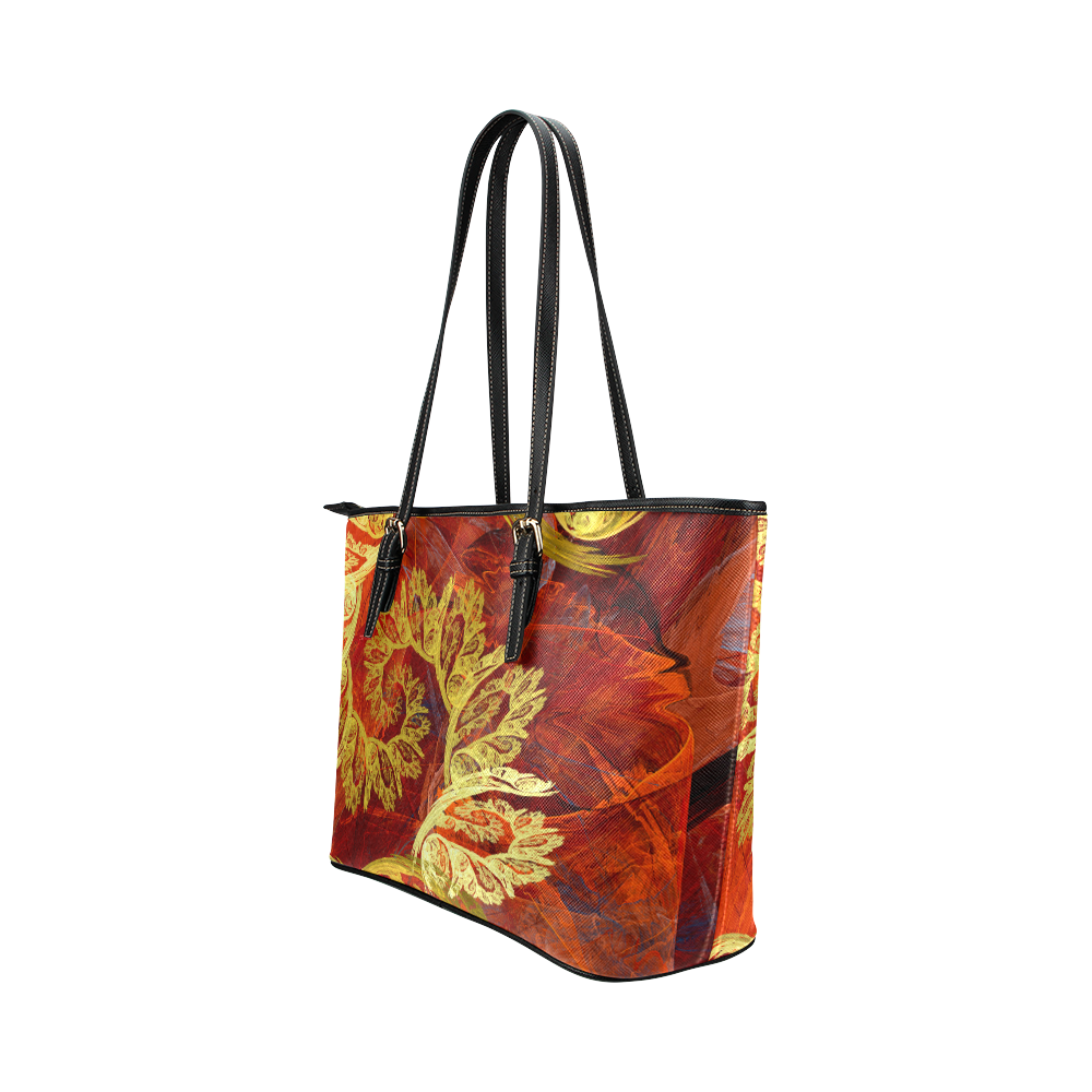 Elegant Gold Floral Swirl Fractal Leather Tote Bag/Large (Model 1651)