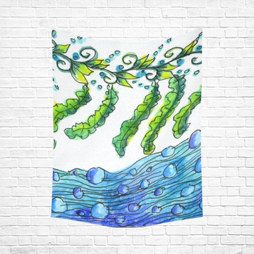 Abstract Blue Green Flowers Vines River Zendoodle Cotton Linen Wall Tapestry 60"x 80"