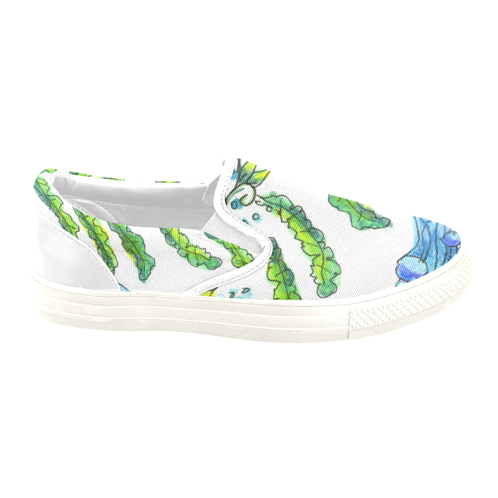 Abstract Blue Green Flowers Vines River Zendoodle Women's Unusual Slip-on Canvas Shoes (Model 019)