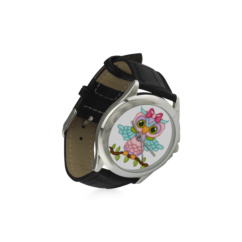 Little girl owl sitting on a branch with wings spread wide and blue wings with pink bow Women's Classic Leather Strap Watch(Model 203)