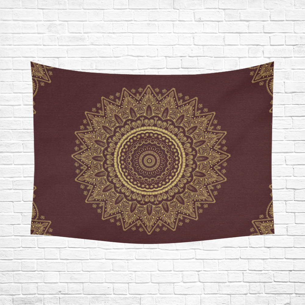 Mandala in Gold and Royal Red Cotton Linen Wall Tapestry 80"x 60"
