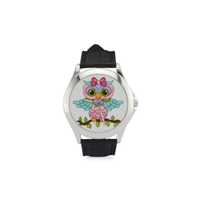 Little girl owl sitting on a branch with wings spread wide and blue wings with pink bow Women's Classic Leather Strap Watch(Model 203)
