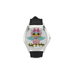 Little girl owl sitting on a branch with wings spread wide and blue wings with pink bow Women's Classic Leather Strap Watch(Model 203)