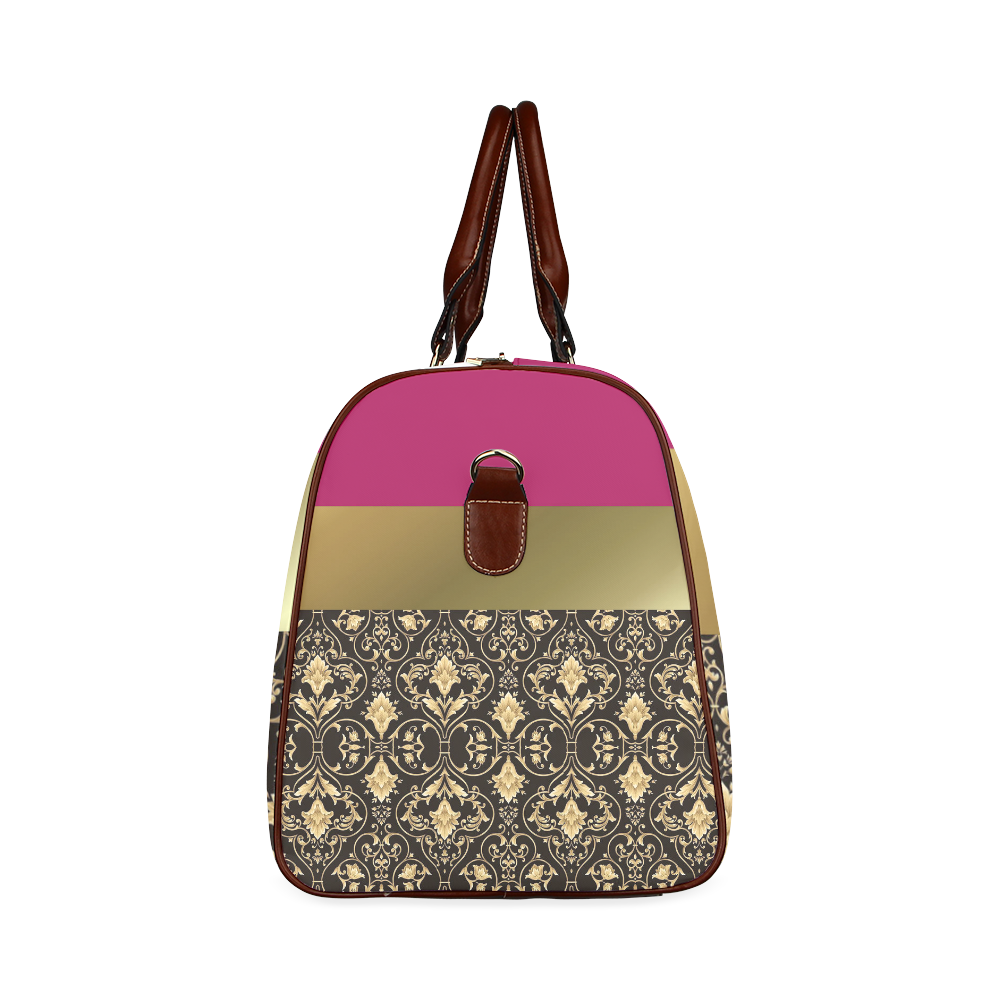 Damask in Gold and Black with Initial Waterproof Travel Bag/Large (Model 1639)