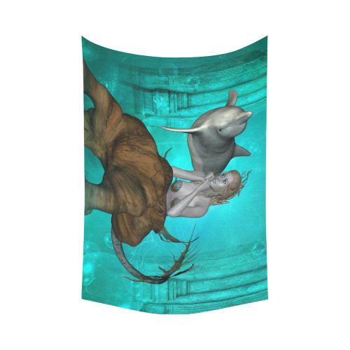 Beautiful mermaid with cute dolphin Cotton Linen Wall Tapestry 90"x 60"
