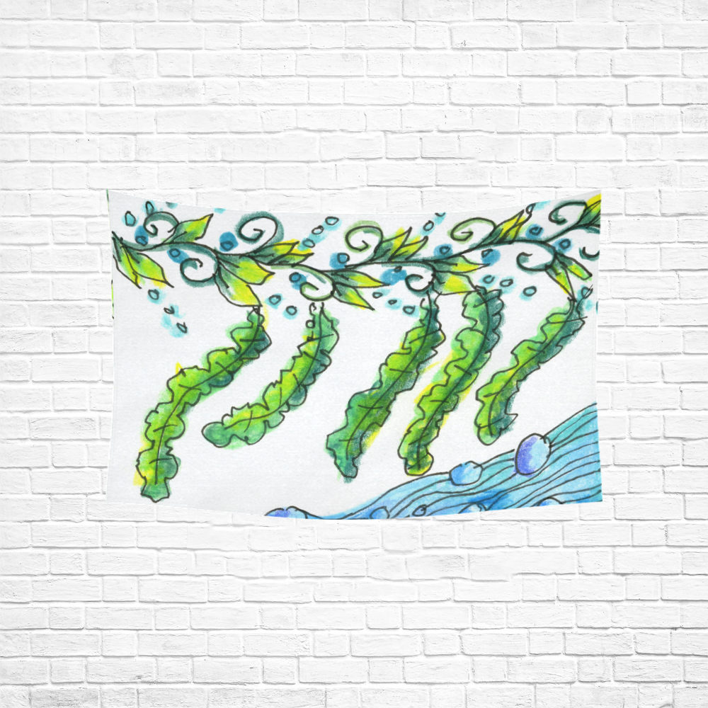 Abstract Blue Green Flowers Vines River Zendoodle Cotton Linen Wall Tapestry 60"x 40"
