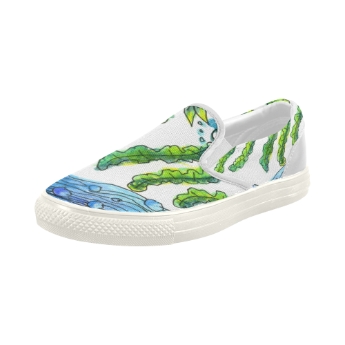 Abstract Blue Green Flowers Vines River Zendoodle Women's Slip-on Canvas Shoes (Model 019)