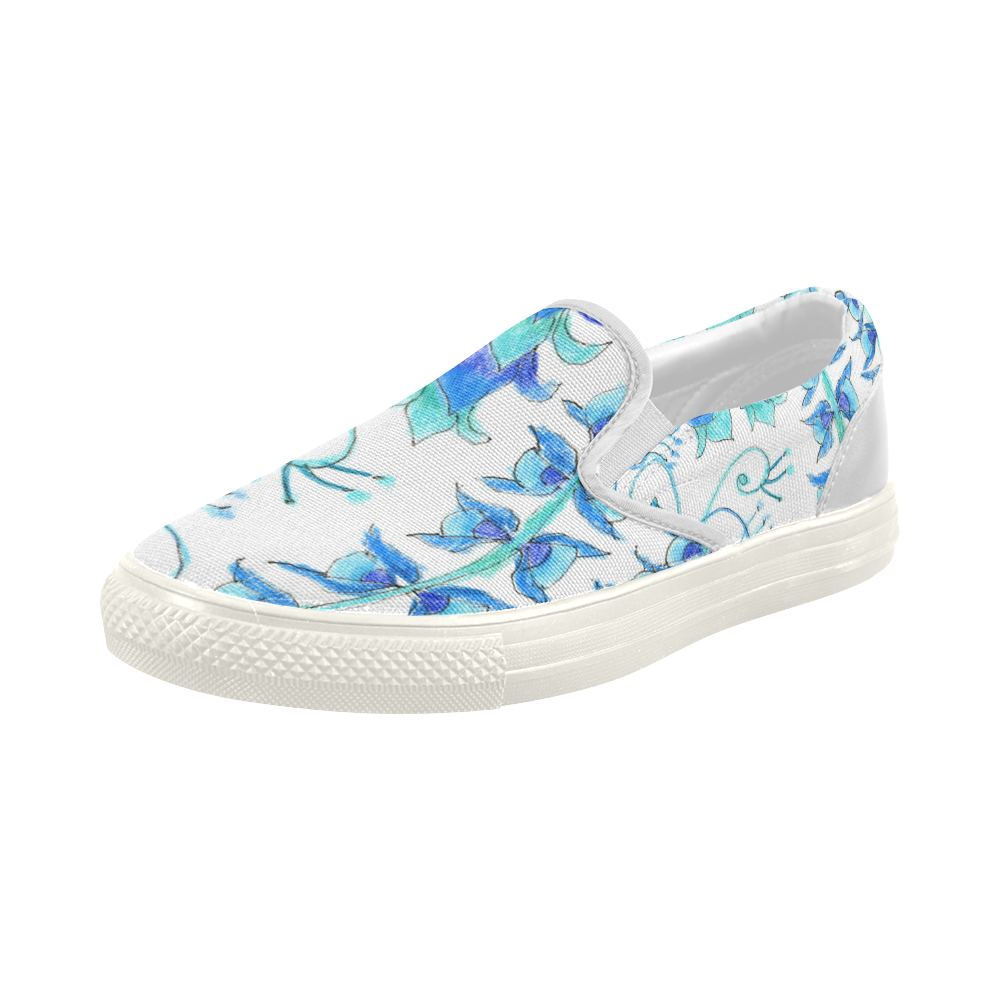 Dancing Aqua Blue Vines, Flowers Zendoodle Garden Women's Slip-on Canvas Shoes (Model 019)