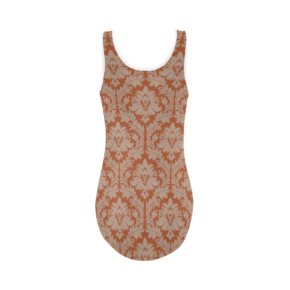 autumn fall colors red beige damask Vest One Piece Swimsuit (Model S04)