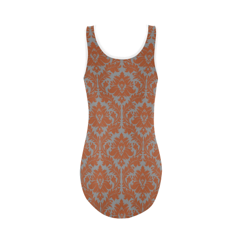 autumn fall color red grey damask Vest One Piece Swimsuit (Model S04)