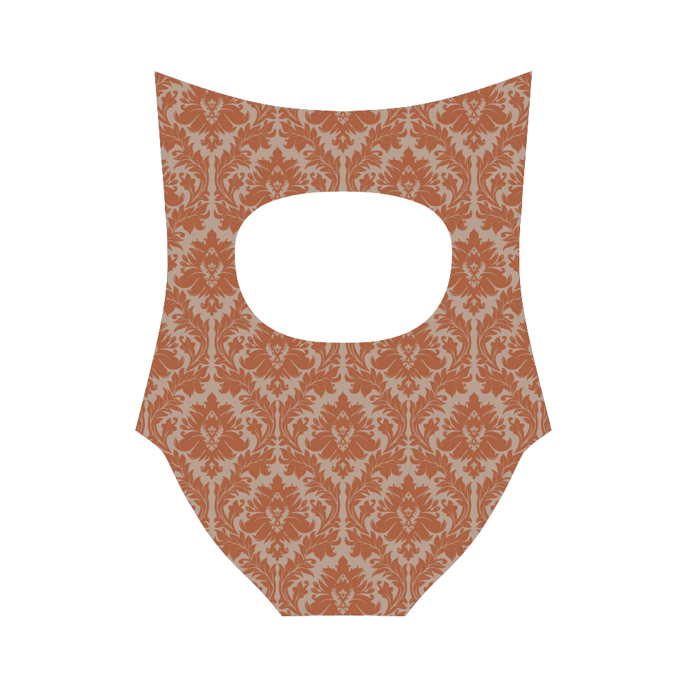 autumn fall color red beige damask Strap Swimsuit ( Model S05)