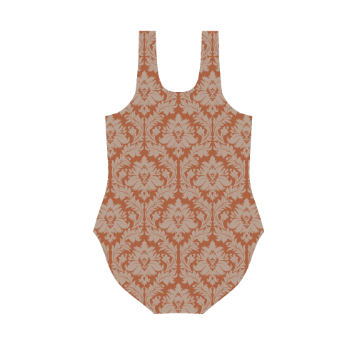 autumn fall colors red beige damask Vest One Piece Swimsuit (Model S04)