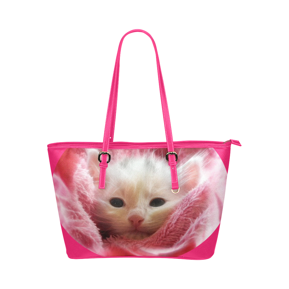 Kitty Loves Pink Leather Tote Bag/Large (Model 1651)