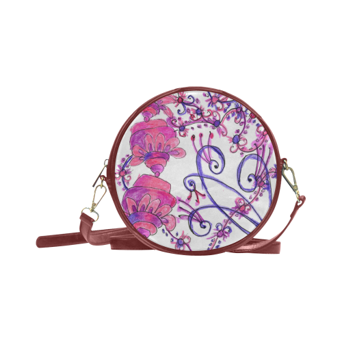 Pink Flower Garden Zendoodle, Purple Gardenscape Round Sling Bag (Model 1647)