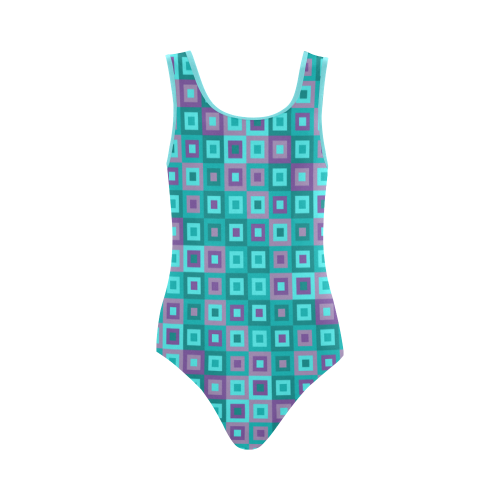 Teal and Purple Retro Geometric by ArtformDesigns Vest One Piece Swimsuit (Model S04)