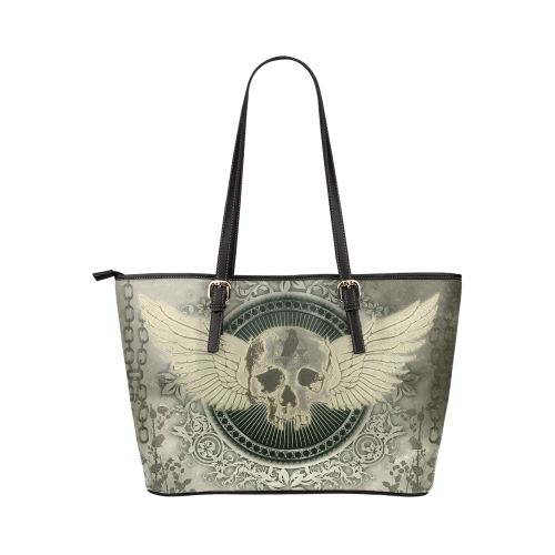 Skull with wings and roses on vintage background Leather Tote Bag/Small (Model 1651)