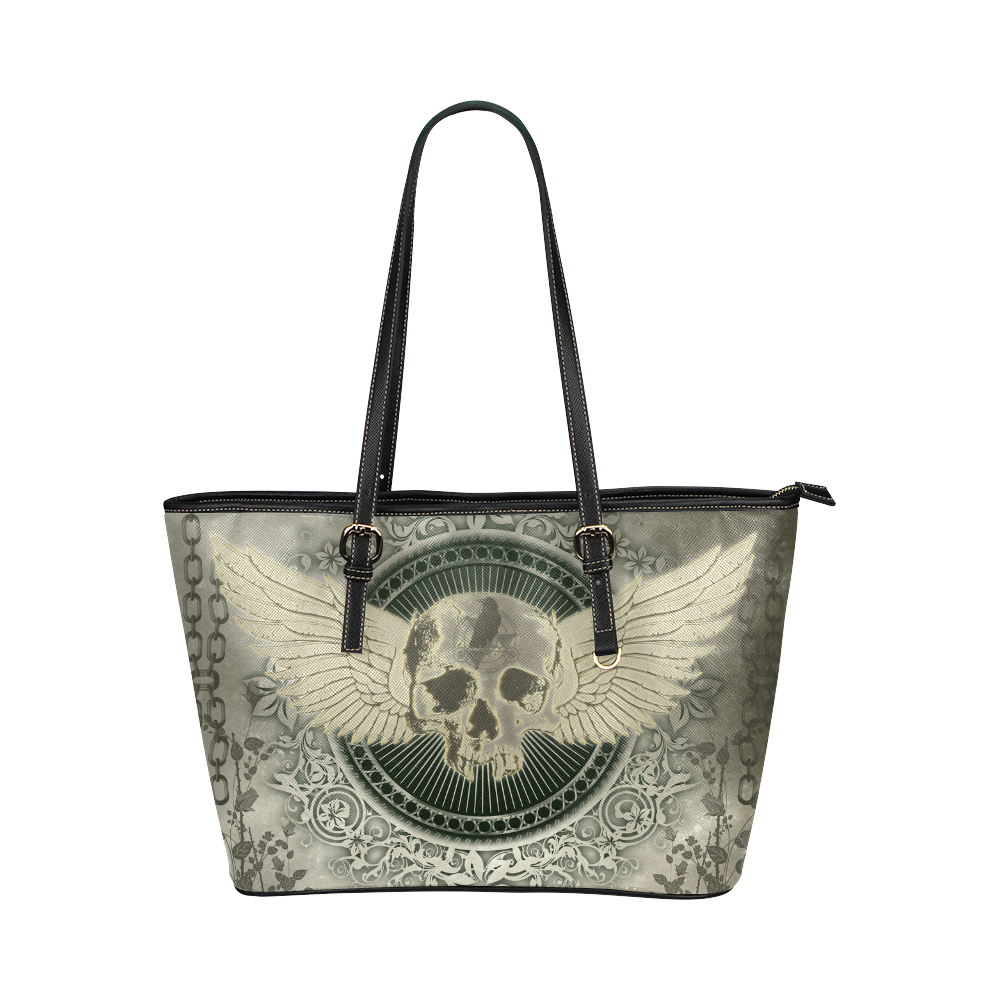 Skull with wings and roses on vintage background Leather Tote Bag/Small (Model 1651)