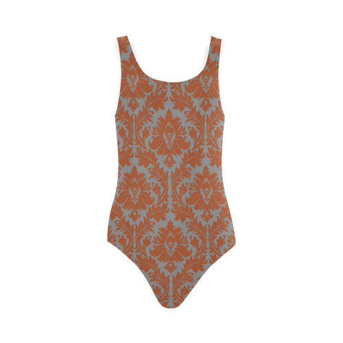 autumn fall color red grey damask Vest One Piece Swimsuit (Model S04)
