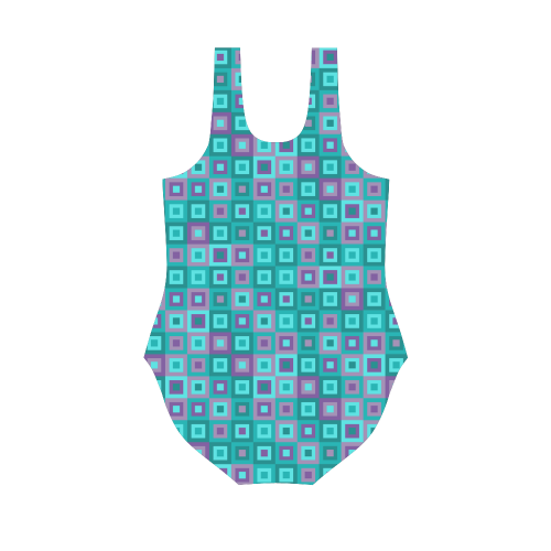 Teal and Purple Retro Geometric by ArtformDesigns Vest One Piece Swimsuit (Model S04)