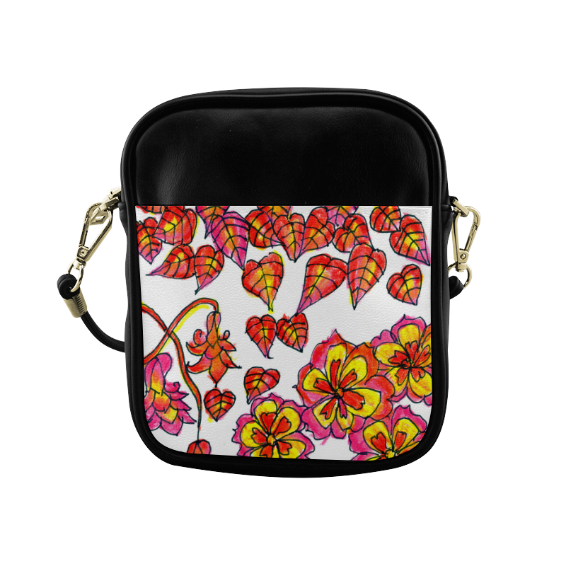 Autumn Leaves, Flowers, Red Orange Gold Zendoodle Sling Bag (Model 1627)