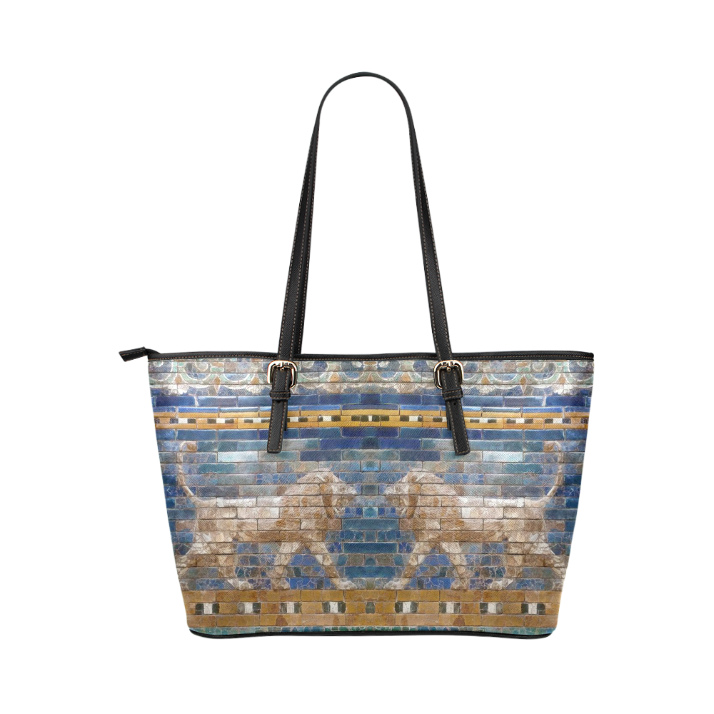 Two Lions And Daisis Mosaic Leather Tote Bag/Small (Model 1651)