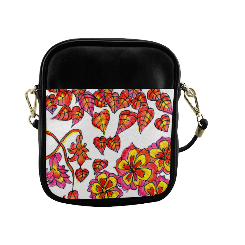 Autumn Leaves, Flowers, Red Orange Gold Zendoodle Sling Bag (Model 1627)