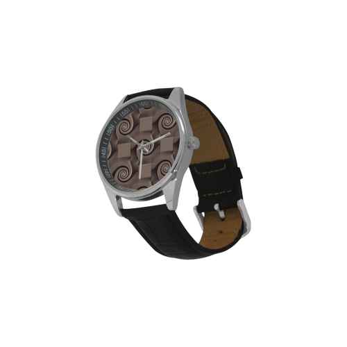 3D SQUARES SPIRALS MOSAIC pattern - brown beige Men's Casual Leather Strap Watch(Model 211)
