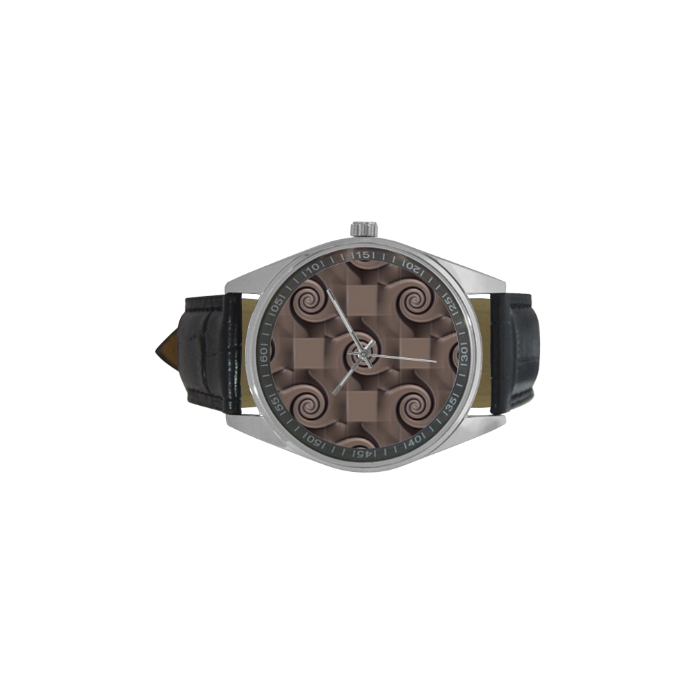 3D SQUARES SPIRALS MOSAIC pattern - brown beige Men's Casual Leather Strap Watch(Model 211)