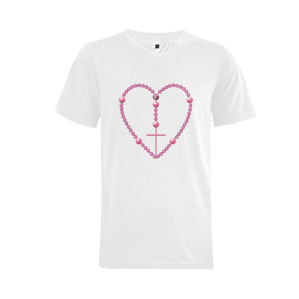 Catholic: Heart-Shaped Rosary - Pink Pearl Beads Men's V-Neck T-shirt  Big Size(USA Size) (Model T10)