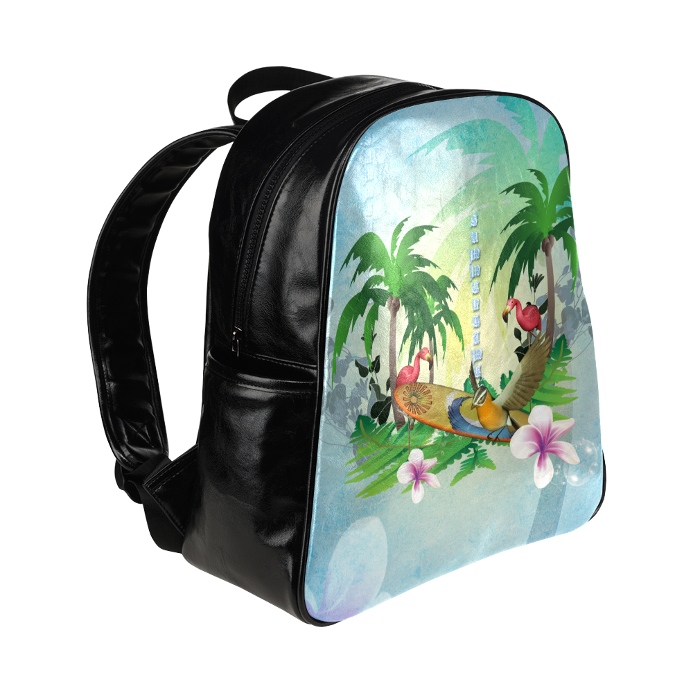 Tropical design with surfboard, palm and flamingo Multi-Pockets Backpack (Model 1636)