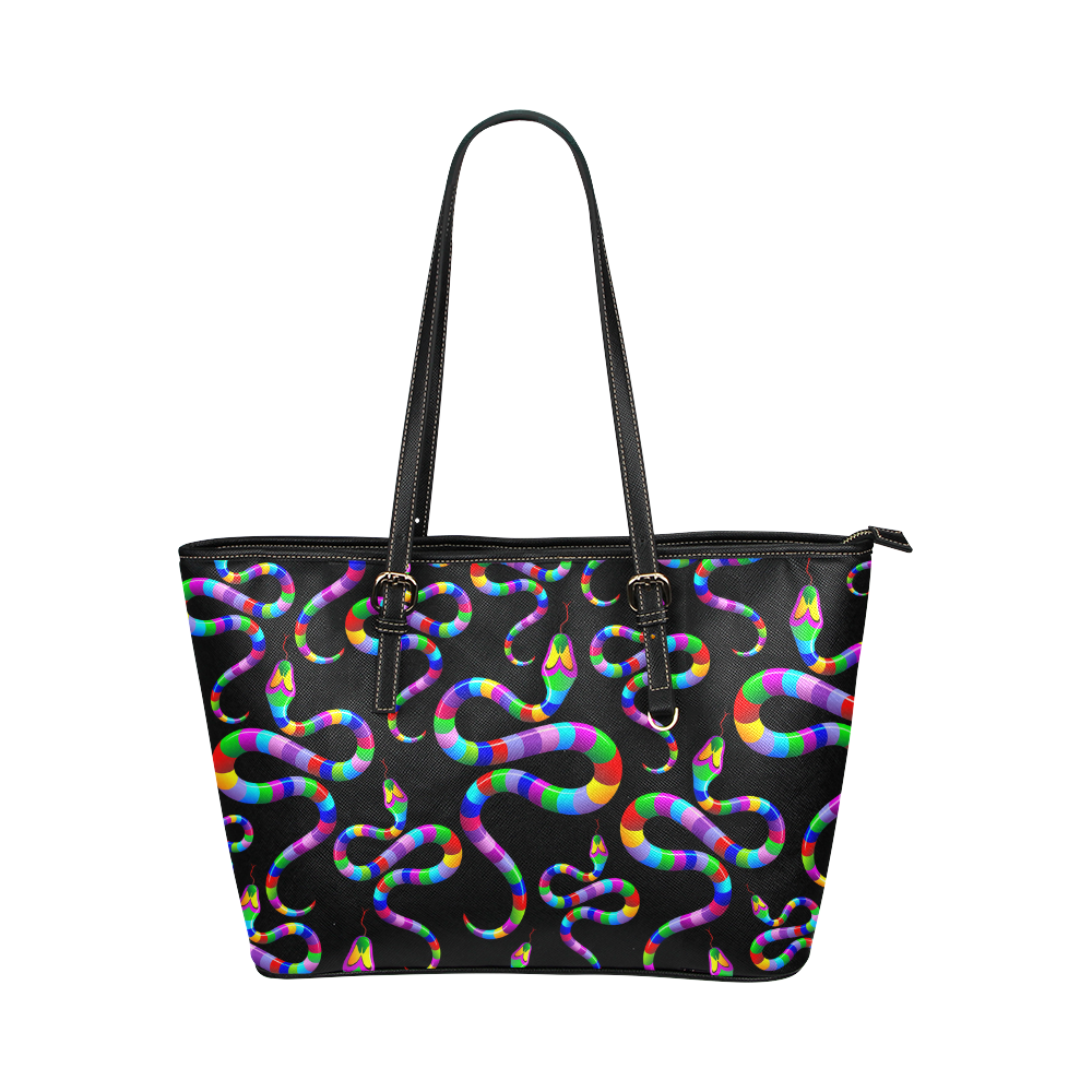 Snake Psychedelic Rainbow Colors Leather Tote Bag/Small (Model 1651)