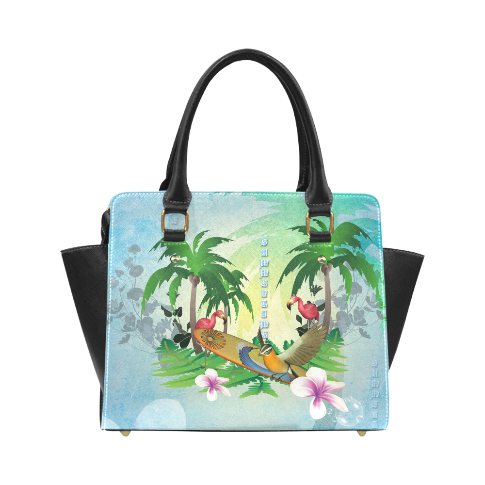 Tropical design with surfboard, palm and flamingo Classic Shoulder Handbag (Model 1653)