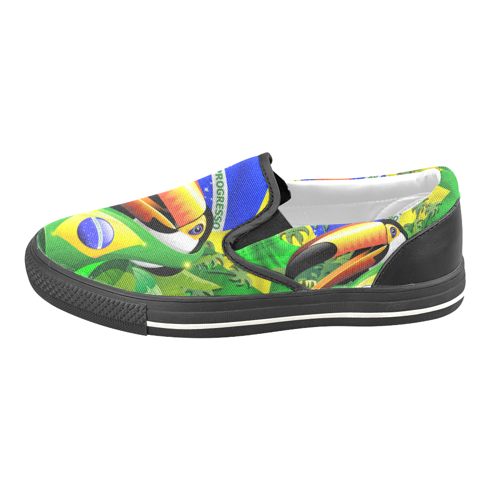 Brazil Flag with Toco Toucan Women's Unusual Slip-on Canvas Shoes (Model 019)